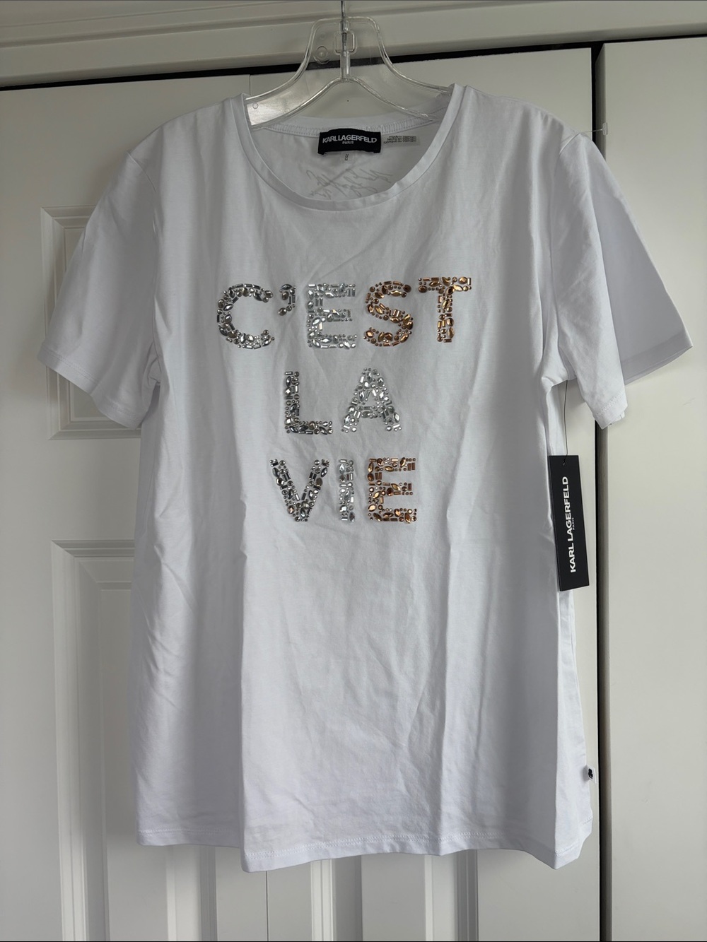 Karl Lagerfeld White Short-Sleeve Sequin 'C'EST LA VIE' Tee. M. New